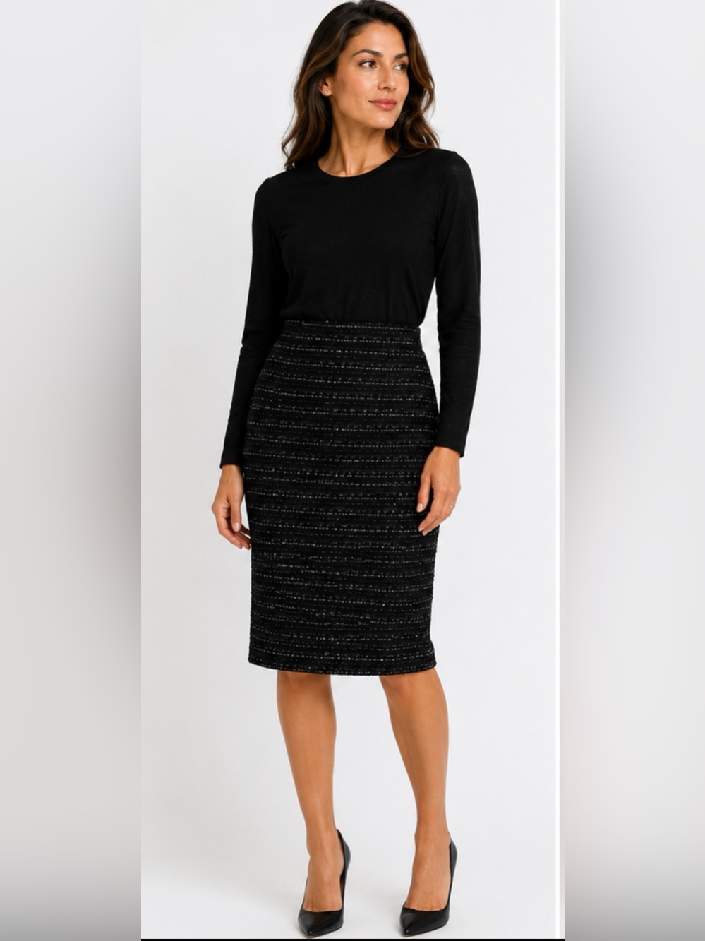 Peter Nygård Black Metallic Tweed Pencil Skirt Size 16